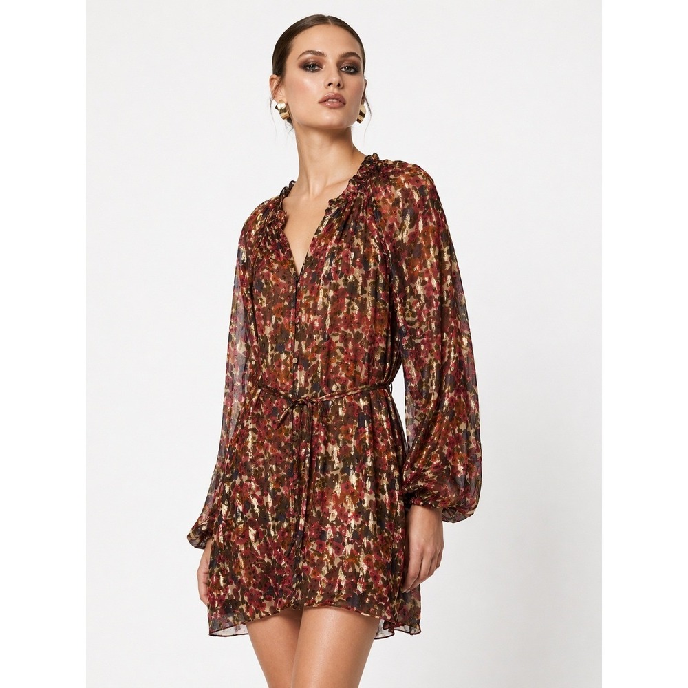 Daniel Rainn Floral Metallic Chiffon Mini Dress XL Burgundy Orange NWT